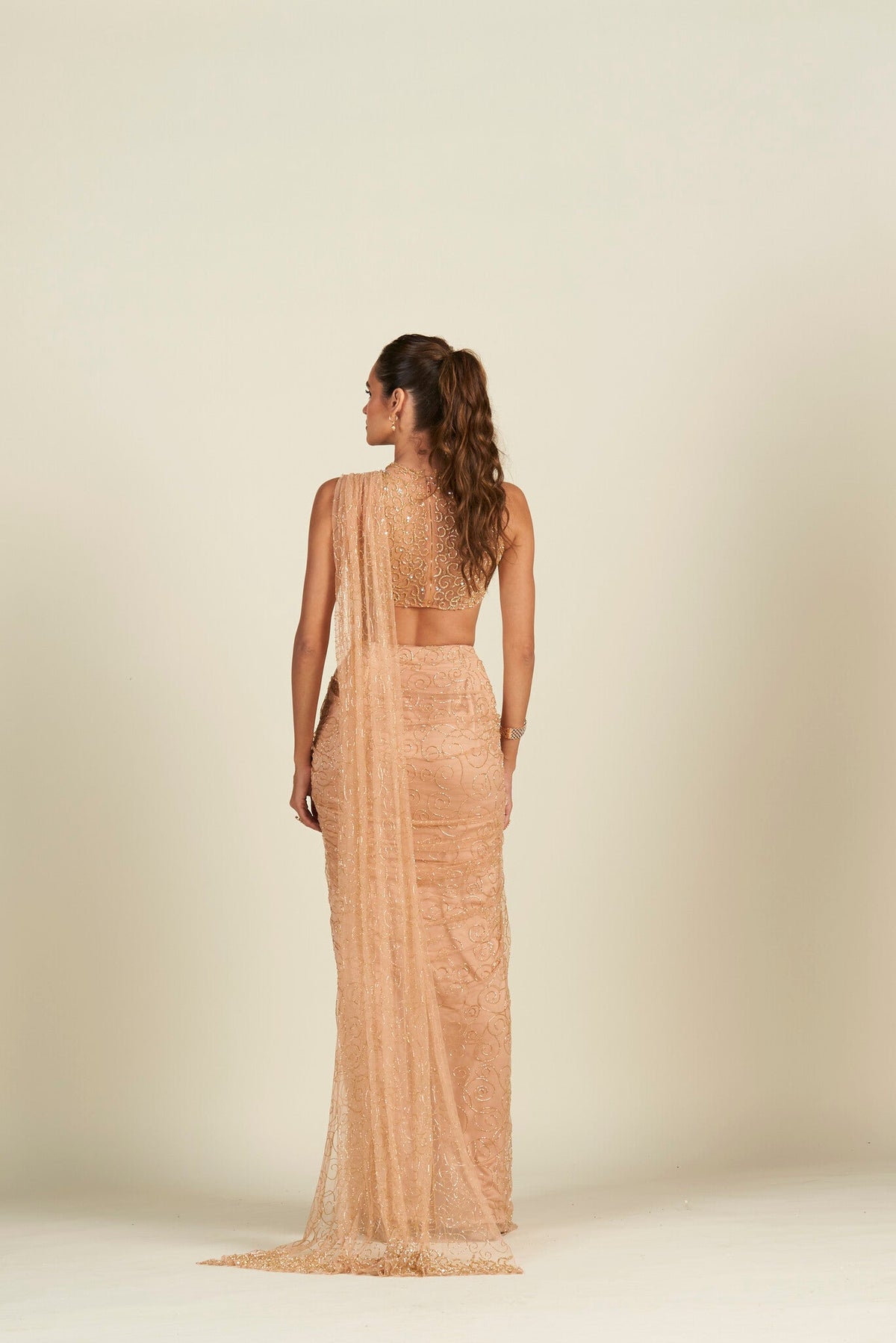PEACH GOLD DRAPE SAREE
