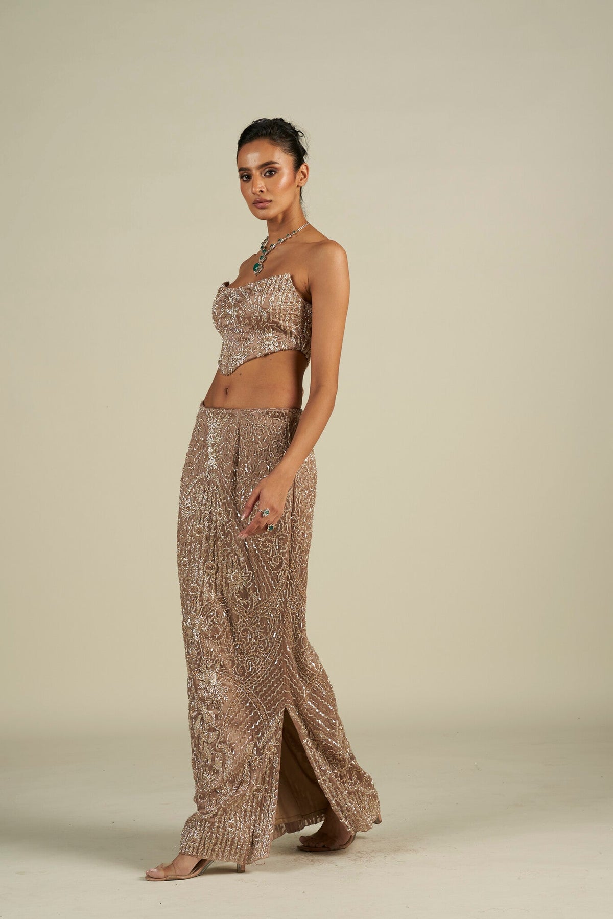 BROWN SILVER SKIRT SET